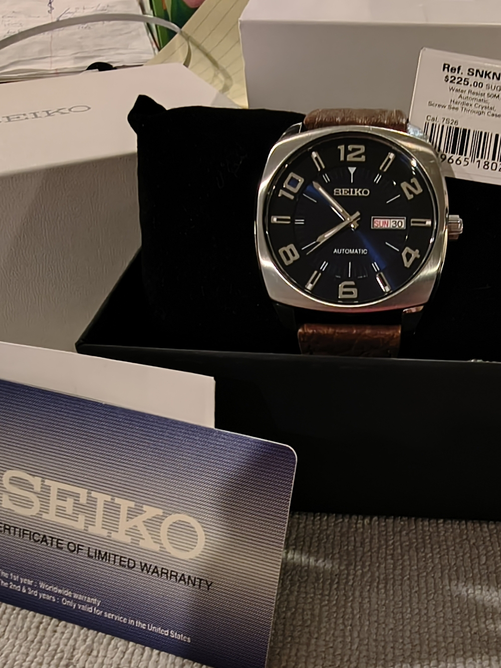 Seiko Men's Black Dial Automatic Watch with Brown Leather Strap